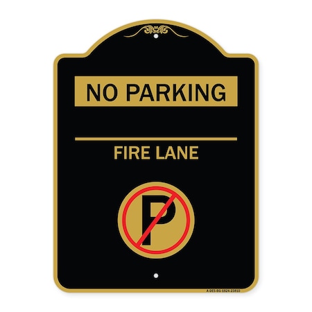 No Parking-Fire Lane With No Parking Symbol, Black & Gold Aluminum Architectural Sign